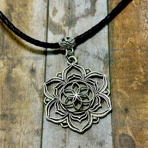 Handmade Antique Silver Large Flower Necklace with Braided Leather Cord